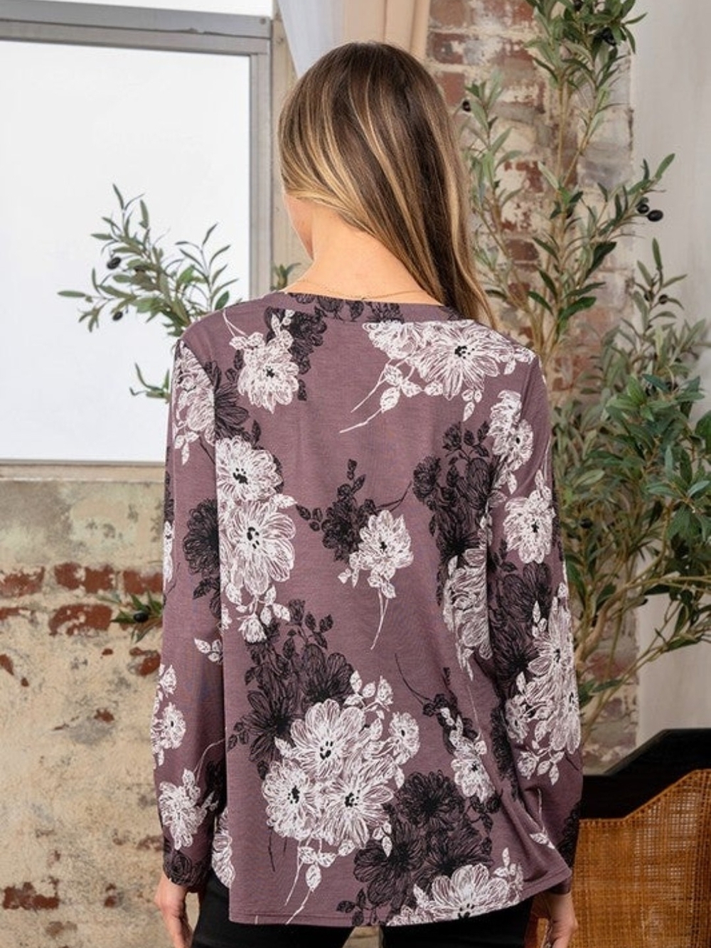 Sew In Love Plum Floral Draped Cowl Long Sleeve Top - Picture 2 of 7